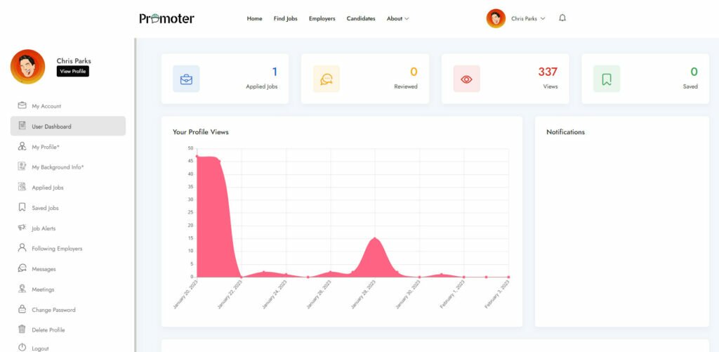 User dashboard for Promoter's unique blue-collar jobs portal