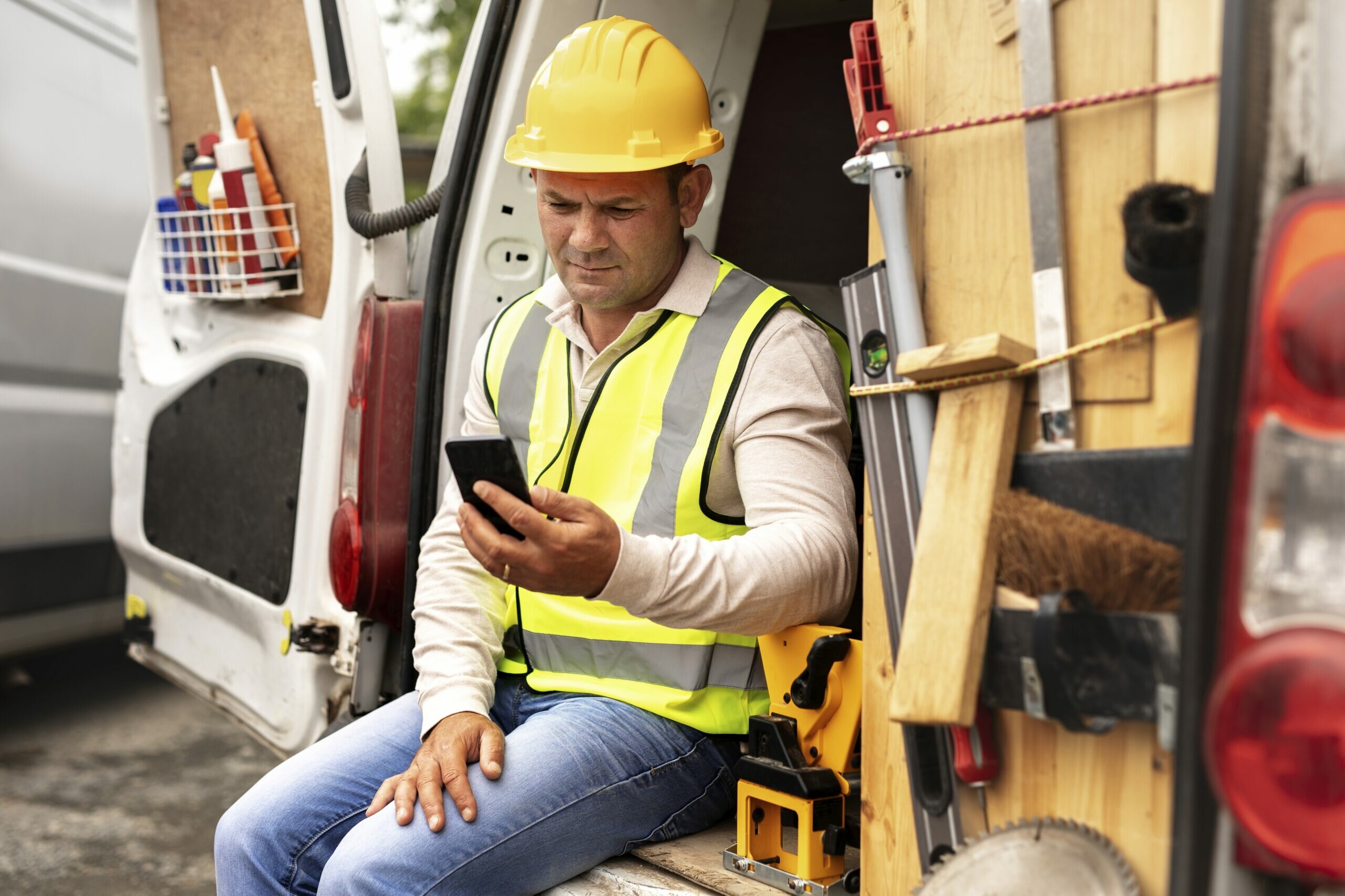 Construction worker using smartphone near the construction site